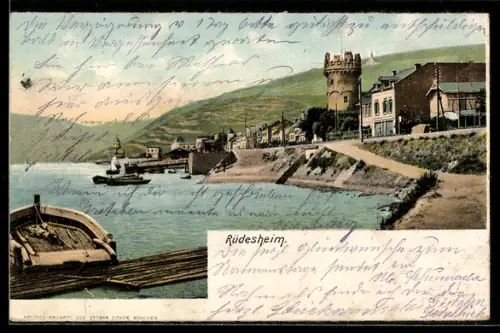 AK Rüdesheim, Ortspartie mit Turm