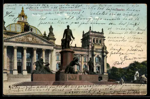 AK Berlin, Reichstaggebäude und Bismarckdenkmal