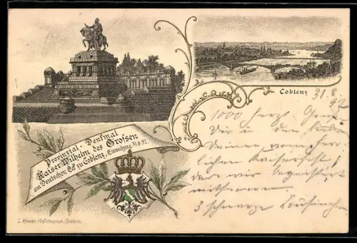 Lithographie Coblenz, Provinzial-Denkmal Kaiser Wilhelm des Grossen am Deutschen Eck, Einweihung 1897, Teilansicht