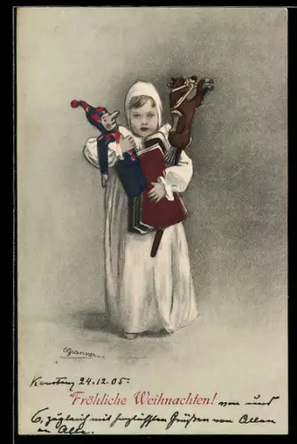 AK Kind mit Kasperlepuppe und Steckenpferd, Weihnachtsgruss