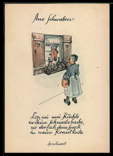 AK Zwei Damen unterhalten sich am Fenster, Schwäbisches Sprichwort