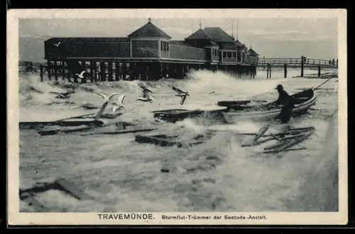 AK Travemünde a. d. Ostsee, Sturmflut-Trümmer der Seebade-Anstalt