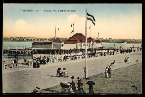 AK Travemünde, Strand mit Seebadeanstalt, Fahne