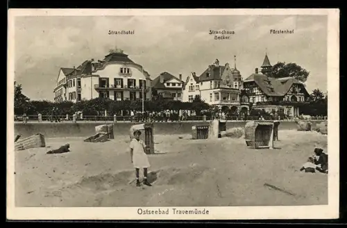 AK Travemünde, Strandhotel, Strandhaus Becker und Hotel Fürstenhof vom Strand aus gesehen