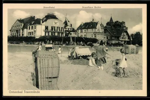 AK Travemünde, Strandhotel, Strandhaus Becker, Strand mit Badegästen