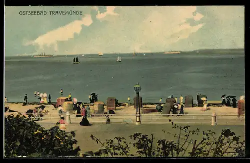 AK Travemünde, Strandpromenade und Ostseestrand mit Strandkörben