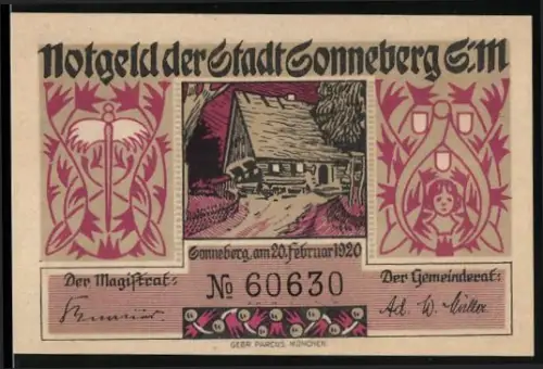Notgeld Sonneberg 1920, 50 Pfennig, Weihnachtsmann und Fachwerkhaus