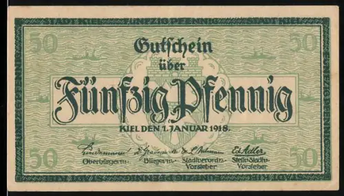 Notgeld Kiel 1918, 50 Pfennig, Ortsansicht mit Turm und Stadtwappen