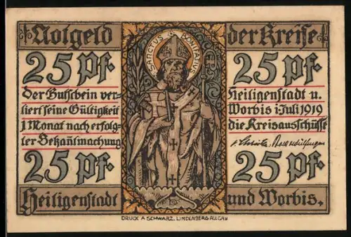 Notgeld Heiligenstadt /Worbis 1919, 25 Pf, Heiliger Bonifatius und Radmotiv
