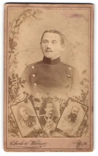 Fotografie Eberle & Werner, Ulm, Ecke Karls- und Neutorstrasse, Ulan Schweizer in Uniform, Portrait Kaiser Wilhelm II.