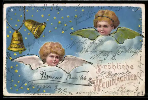 Lithographie Zwei kleine Weihnachtsengel mit Glocken in den Wolken