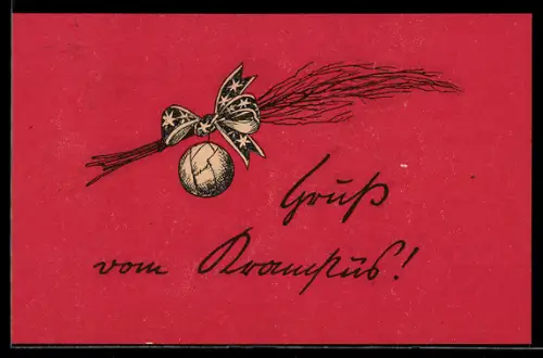 AK Gruss vom Krampus, Kugel mit Schleifen an einem Zweig gebunden