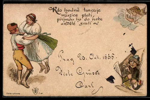 Lithographie Kleiner Engel schaut aus den Wolken zu einem tanzenden Paar