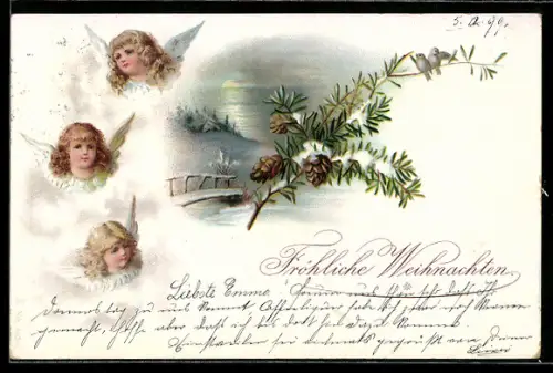 Lithographie Neujahrsengel über einer Winterlandschaft