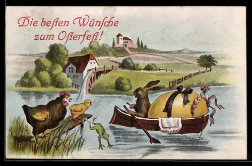 AK Osterhase rudert in einem Boot mit Osterei