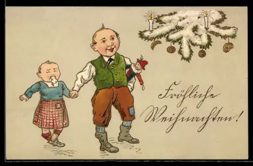 AK Zwei Kinder mit Puppe am Weihnachtsbaum