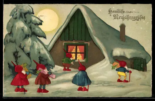 AK Zwerge mit Geschenken vor einem Haus im Schnee