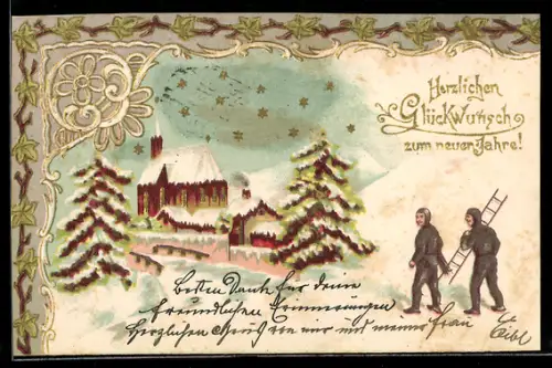 Lithographie Schornsteinfeger im Schnee mit Kirche und Sternenhimmel, Neujahr