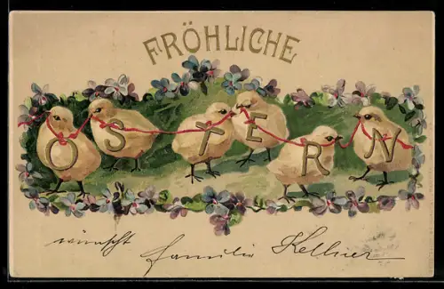 Präge-AK Kleine Osterküken mit dem Wort Ostern