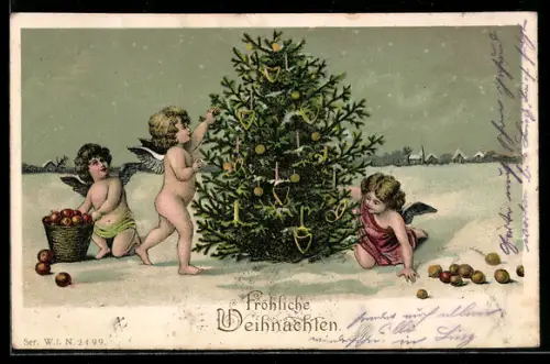 Lithographie Kleine Weihnachtsengel schmücken eine Tanne