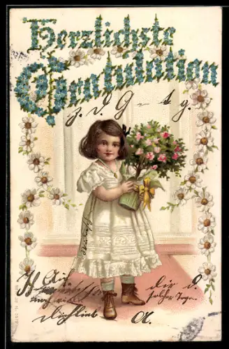 Lithographie Mädchen gratuliert mit Blumen im Topf