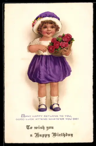 AK Kleines Mädchen mit Rosenstrauss, Geburtstag