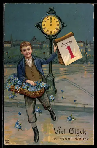AK Junge mit Blumenkorb und Kalenderblatt, Neujahr