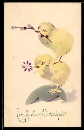 AK Zwei Osterküken mit Blume und Weidenkätzchen