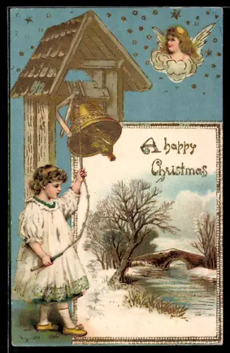 AK Weihnachtsengel, Kind läutet Glocke