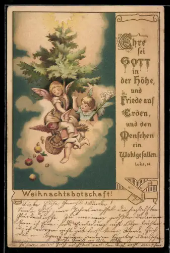 Lithographie Drei Weihnachtsengel mit Tannenbaum und Geschenken im Himmel