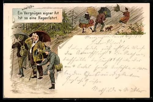 Lithographie Ausflügler mit Schirmen im Regen