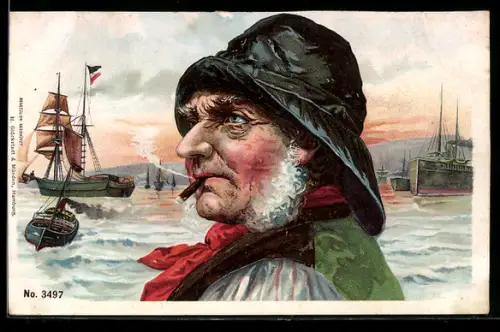 Lithographie Älterer Fischer raucht einen Zigarillo