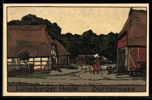 Steindruck-AK Dorfstrasse in der Lüneburger Heide