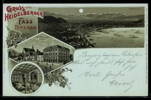 Mondschein-Lithographie Bregenz, Gasthof Heidelberger Fass mit Innenansicht, Gesamtansicht