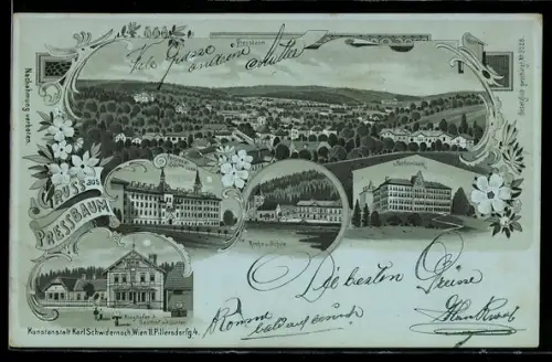Mondschein-Lithographie Pressbaum, Klaghofers Gasthof mit Garten, Norbertinum, Kirche und Schule