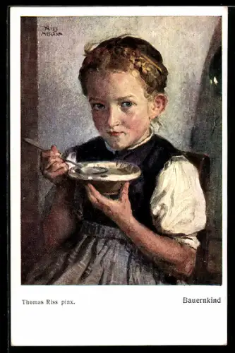 Künstler-AK Thomas Riss: Bauernmädchen isst eine Schüssel voll Suppe