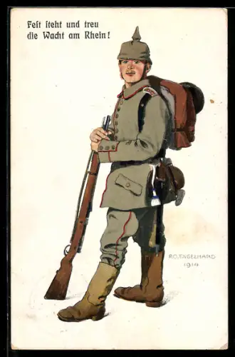 Künstler-AK P. O. Engelhard (P.O.E.): Fest steht und treu..., Soldat mit Gewehr u. Tornister