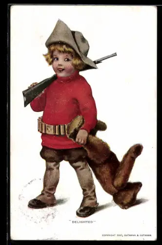 AK Knabe in Uniform mit Gewehr und Teddy