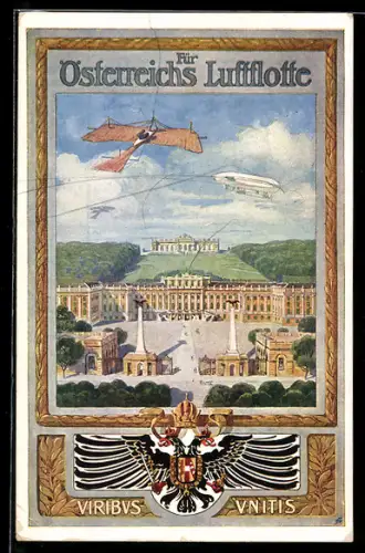 AK Spende für Österreichs Luftflotte, Luftschiff über Schloss Schönnbrunn, Habsburger Wappenadler