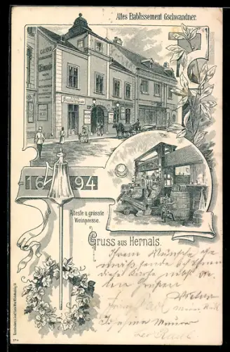 Lithographie Wien, Hernals, Gasthaus Gschwandner, Alte Weinpresse