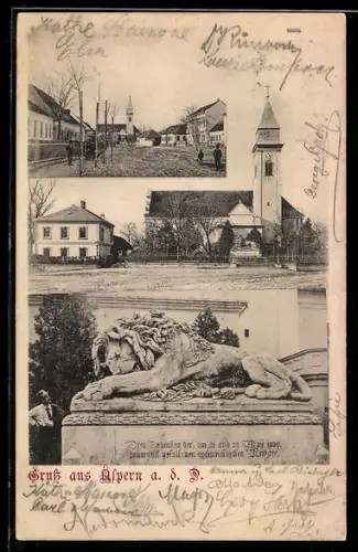 AK Aspern a. d. Donau, Platz mit Kirche, Kirche mit Nachbargebäude, Löwenskulptur / Kriegerdenkmal