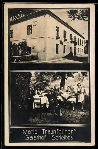 AK Scheibbs, Gasthof Marie Traunfellner mit Strasse, Gartenansicht mit Gästen und Wirtin