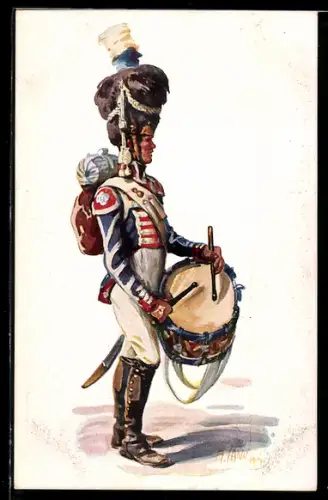 Künstler-AK Angelo Jank: Trommler der Grenadiere in Uniform, Militärmusiker
