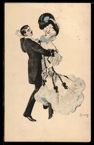 Künstler-AK Simplicissimus: Dame mit Federkleid und Hut tanzt mit elegantem Herrn