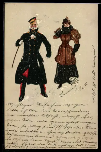 Lithographie junge Dame bewirft Uniformierten mit Schneeball