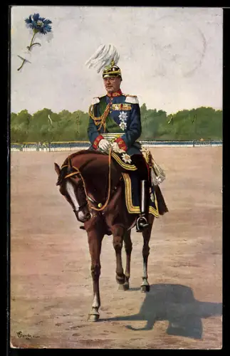 AK König Friedrich August von Sachsen auf einem Pferd sitzend, Uniform mit Epauletten, Helm