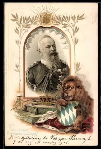 Lithographie Prinzregent Luitpold von Bayern, Löwe mit Wappen