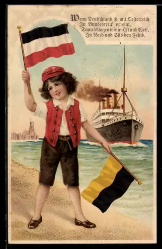 Lithographie Wenn Deutschland ist mit Oesterreich in Bundestreu vereint..., 1. Weltkrieg, Kind mit Fahnen