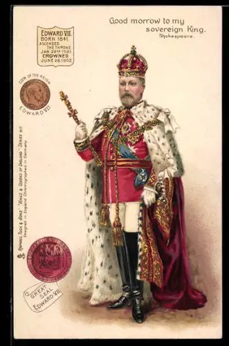 Lithographie Good morrow to my sovereign King, Portrait Edward VII., Coin, Seal
