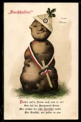 AK Durchhalten, Kriegsnot, Kartoffel-Männchen mit Uniform